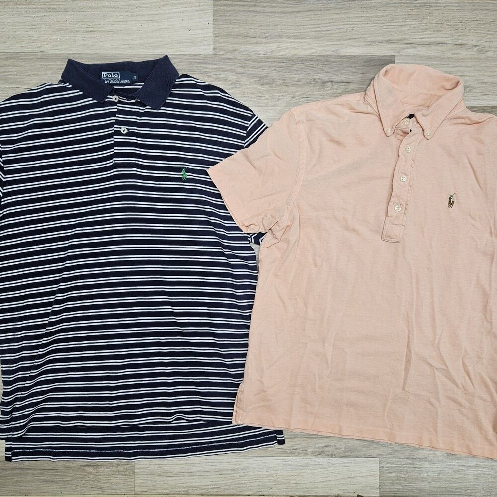 Ralph Lauren Mens Polo Shirt Bundle Size Medium Navy Stripe Peach Preppy